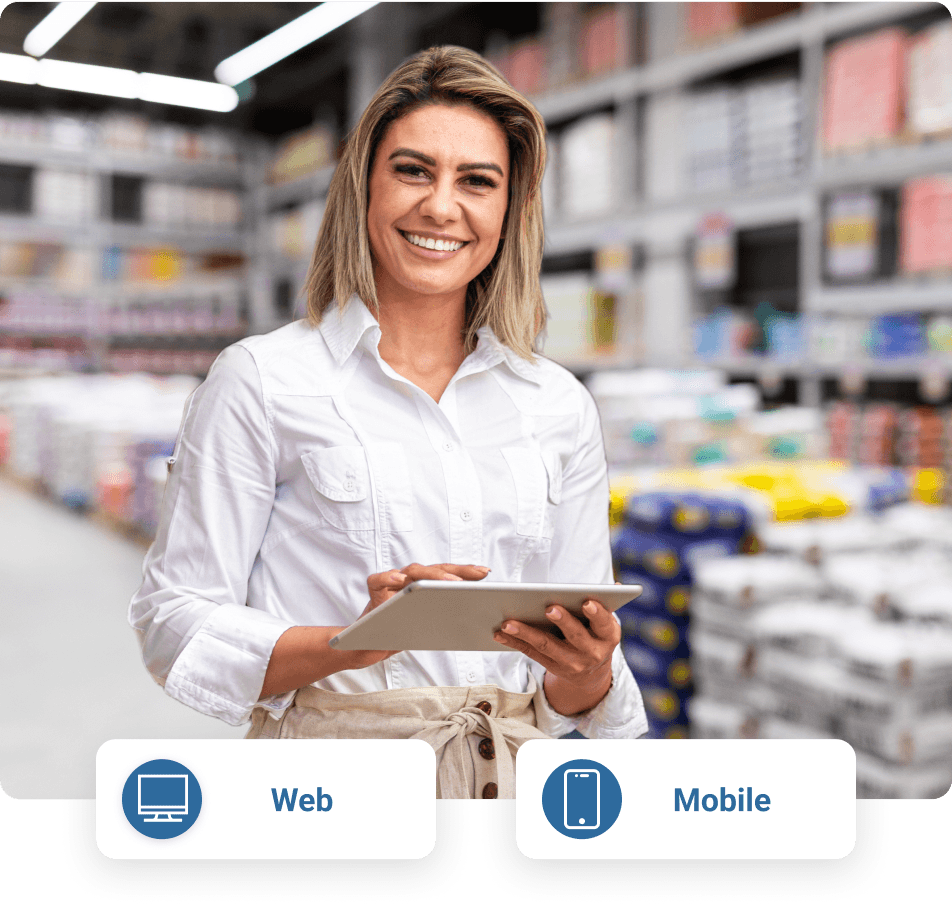 Mulher usando a Hallco através de um tablet em uma loja de materiais de construção